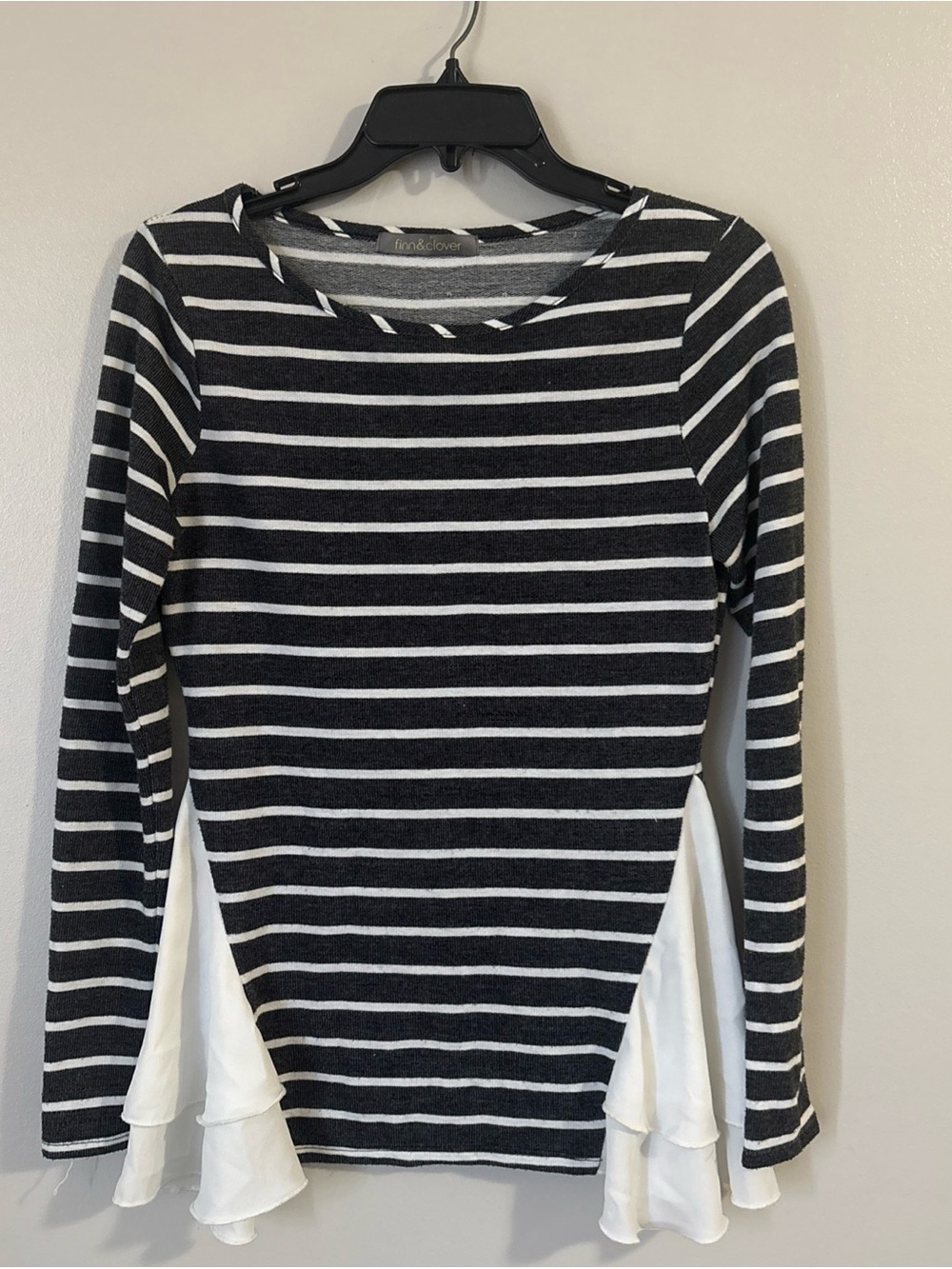 finn & clover Black and White Striped Long Sleeve Top with Ruffle Panels